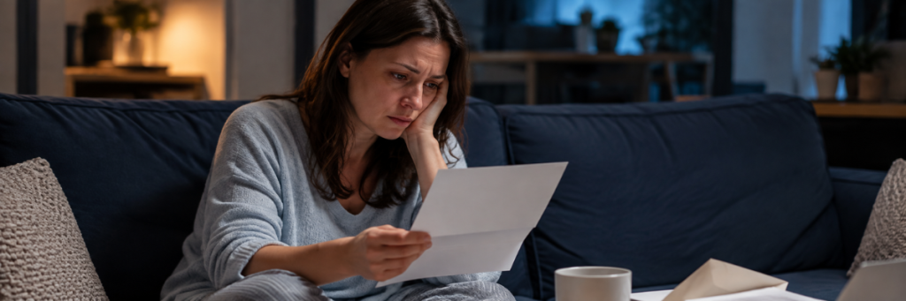 Worried woman reading letter