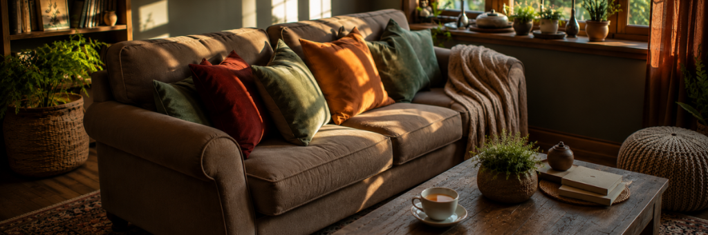 Sofa with cushions in natural light meditation reflection